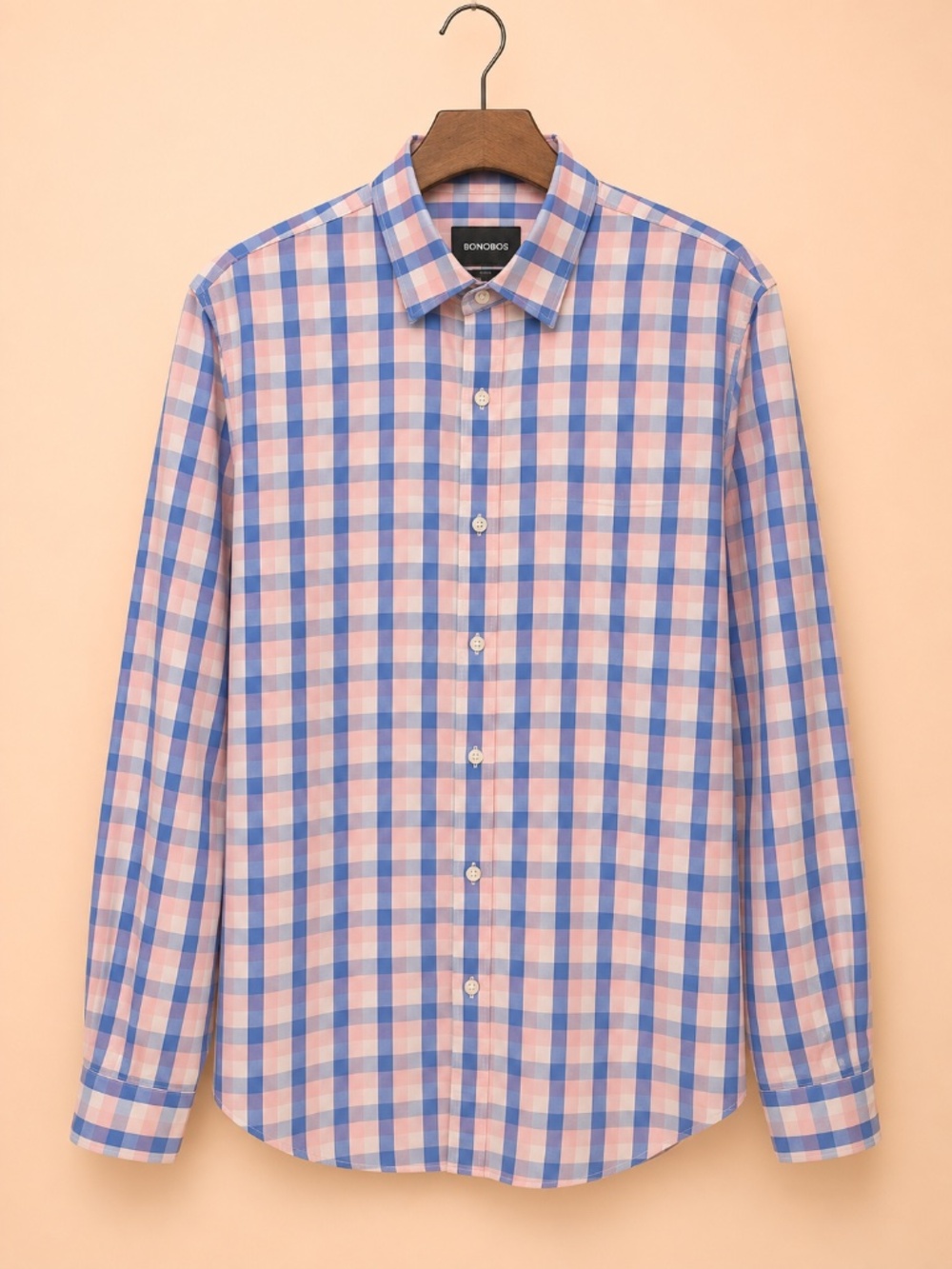 Bonobo's Mens Slim Fit Plaid Button Down‎ Long Sleeve Shirt Large Pink Blue